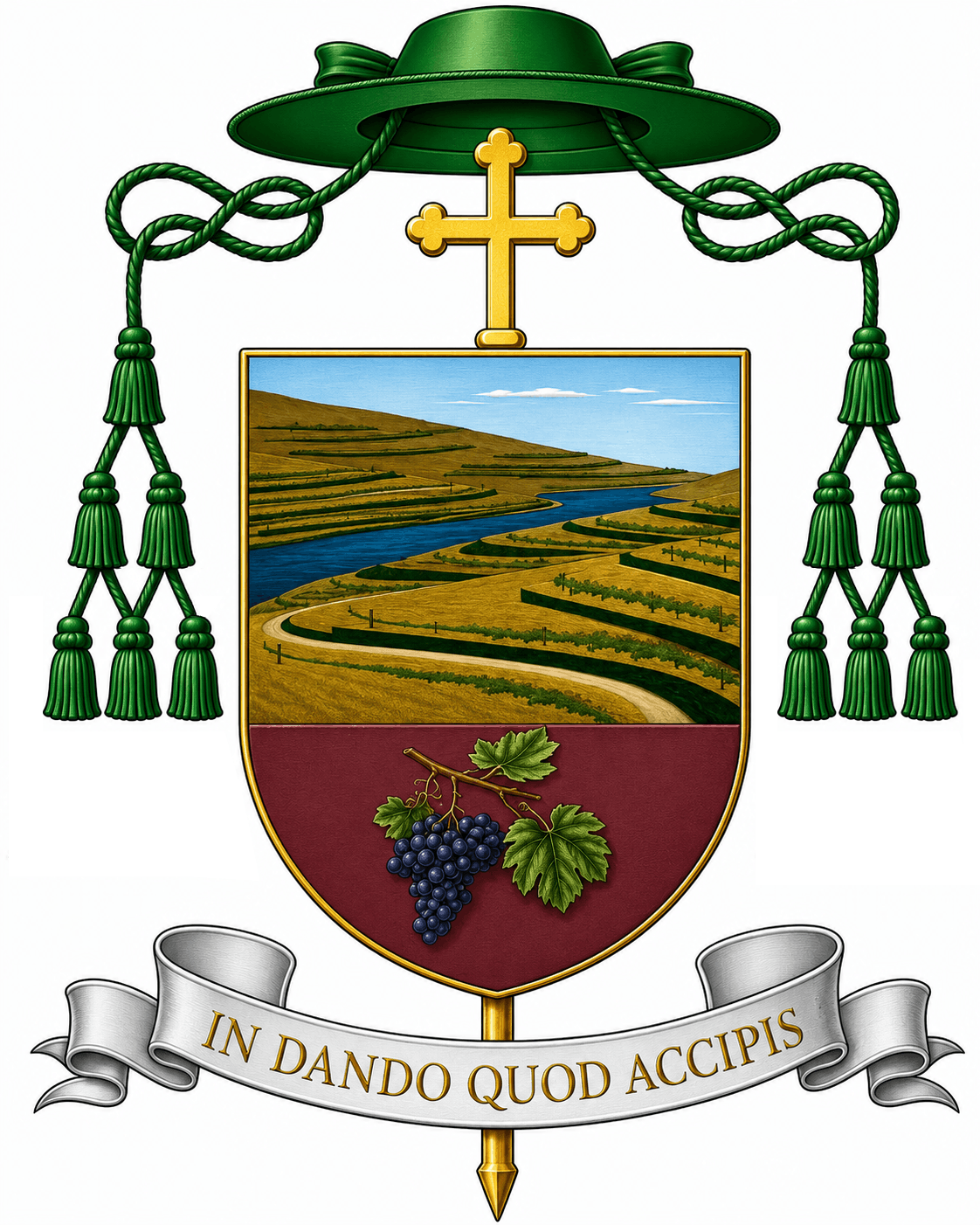 Brasão episcopal com chapéu verde e doze borlas, cruz dourada, escudo com paisagem e cachos de uvas, e lema latino 'In dando quod accipis' em faixa prateada.