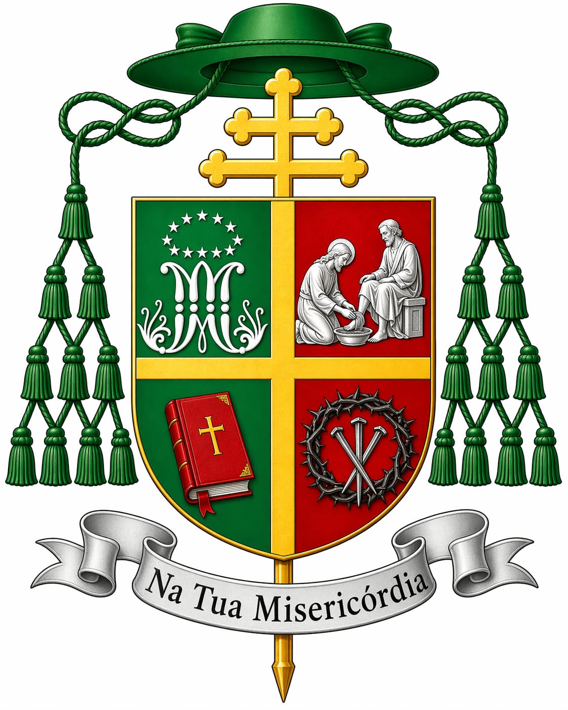 Brasão episcopal com chapéu verde e vinte borlas, cruz arquiepiscopal dourada de duas travessas, escudo quadripartido com símbolos marianos, cena de lava‑pés, livro com cruz e três cravos com coroa de espinhos, acompanhado do lema 'Na Tua Misericórdia'.