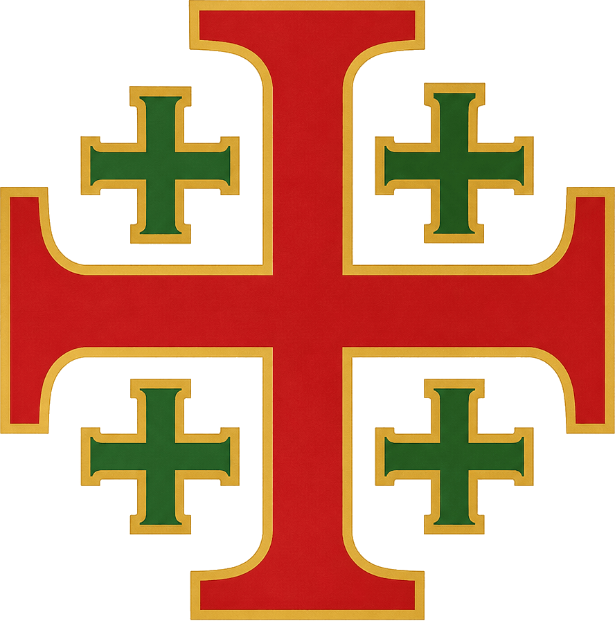 Cruz de Jerusalém com cruz potent vermelha ao centro e quatro cruzes gregas verdes ao redor, todas contornadas a ouro, nas cores da bandeira de Portugal.